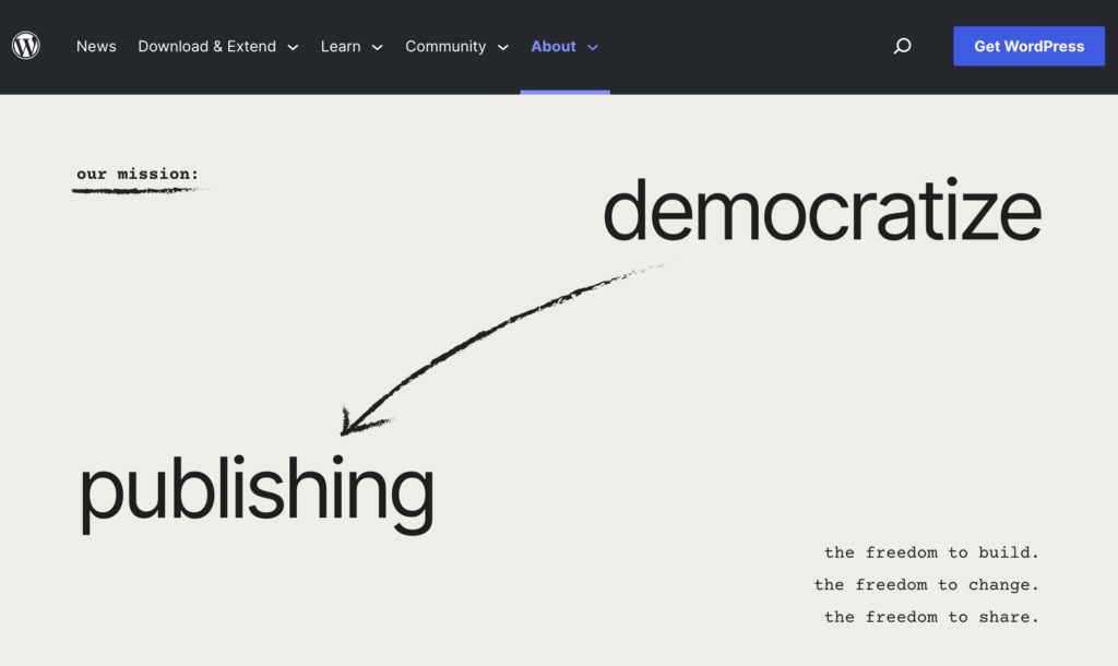 WordPress's mission: democratize publishing - the freedom to build, to change and to share.  Web3Press add one more: the freedom to own.
